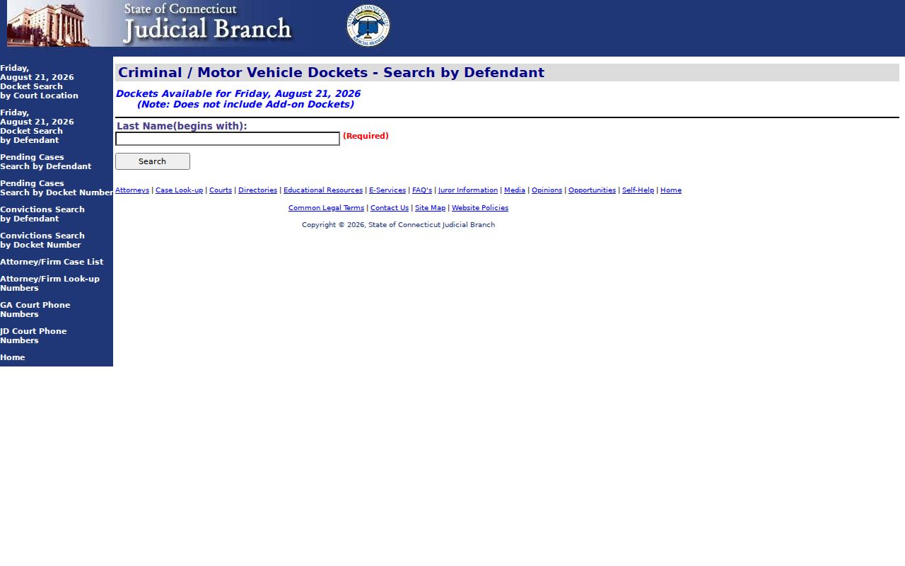 Connecticut criminal and motor vehicle docket defendant search used for West Haven name verification