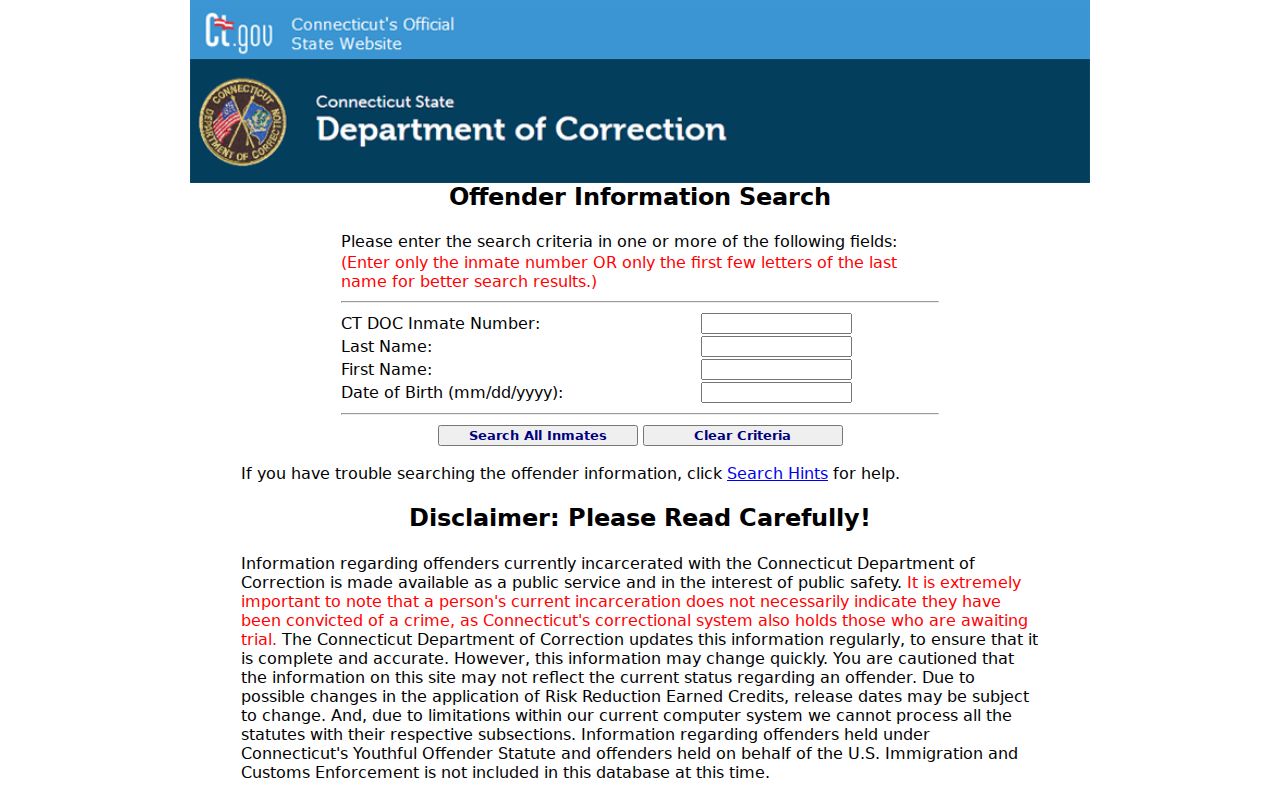 Connecticut current inmate search endpoint relevant to a limited West Haven name check