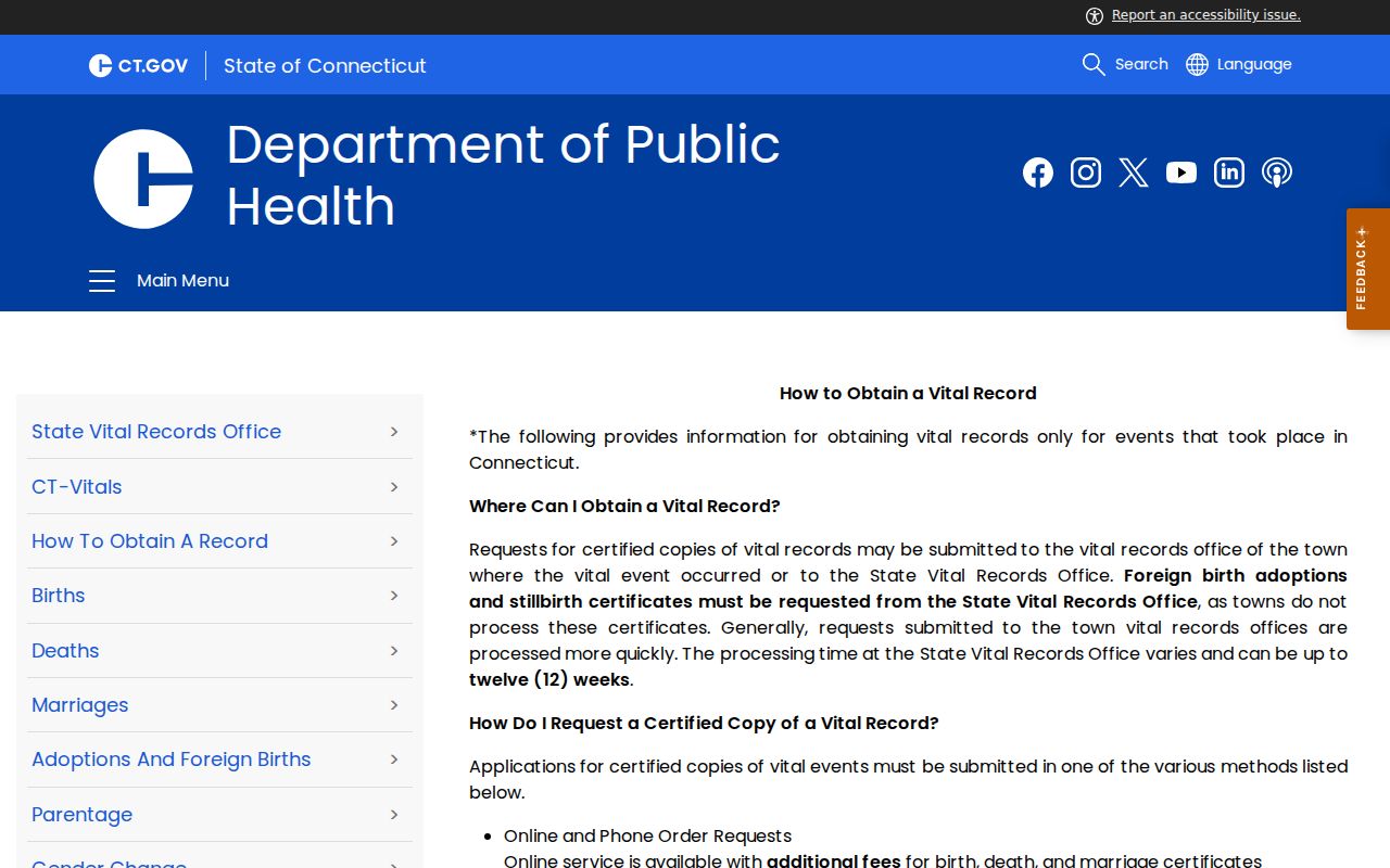 Connecticut vital record request routes and eligibility information for West Haven events
