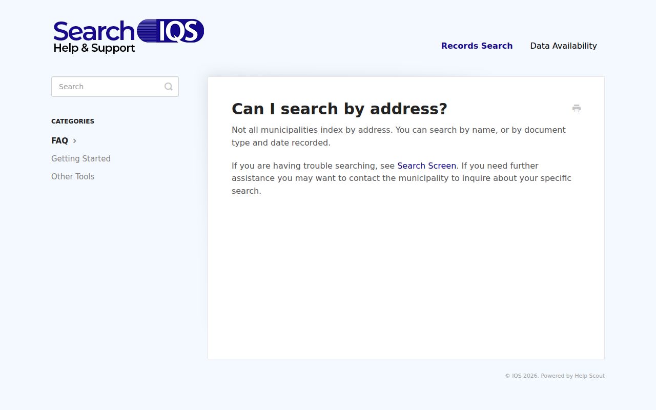 SearchIQS guidance on address searching and record-index limitations